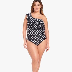 NEW LYSA PLUS Size Black and White Polka Dot One-Shoulder Swimsuit
